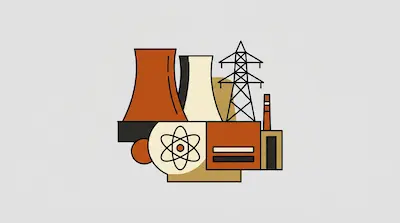 A stylized graphic of a nuclear power plant featuring cooling towers, an electricity pylon, and an atom symbol.