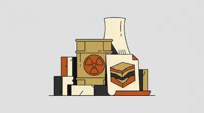 A barrel with a radiation symbol, a nuclear cooling tower, and a diagram of geological layers.