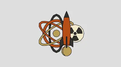 A stylized graphic of an atom, a rocket, and a radiation symbol.