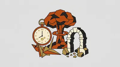 A geometric pocket watch, mushroom cloud, origami crane, and crumbling stone archway are grouped together.