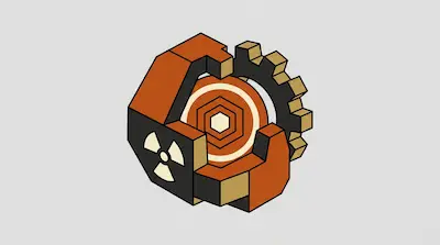 An isometric mechanical device featuring a gear, a radiation symbol, and a central core of concentric circles.
