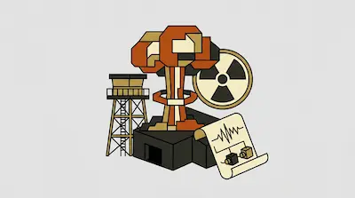 A geometric mushroom cloud is surrounded by a watchtower, a radiation symbol, a bunker, and a scroll showing a waveform.