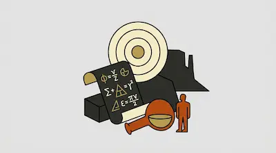 A target, a scroll with mathematical formulas, a magnifying glass, and a human figure are grouped together.