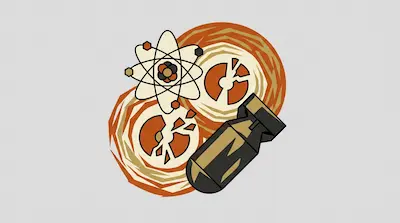 An atom model, a bomb, and two circular patterns with fragmented shapes.