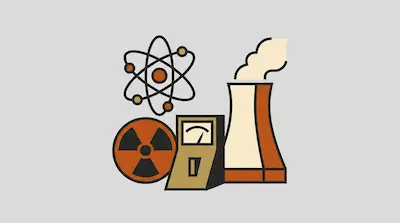 An atom model, a radiation symbol, a meter, and a cooling tower emitting steam.