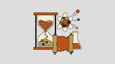An hourglass, an atom model with hexagonal particles, a tattered scroll, and a chemistry flask.