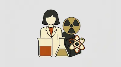 A person in a lab coat is surrounded by a beaker, an Erlenmeyer flask, a radiation symbol, and an atomic model.