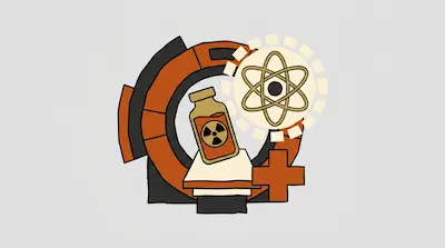 A circular orange and black structure is surrounded by a vial with a radiation symbol, a glowing atom icon, and a red cross.