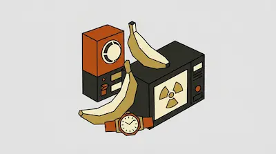 A smoke detector, two bananas, a microwave with a radiation symbol, and a wristwatch.