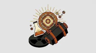 A conical flask, a black canister with orange straps, and a radiation symbol are arranged in front of a large circular geometric emblem.