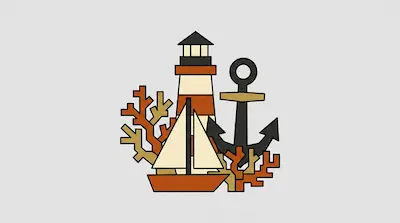Stylized nautical icons including a lighthouse, sailboat, anchor, and coral branches.