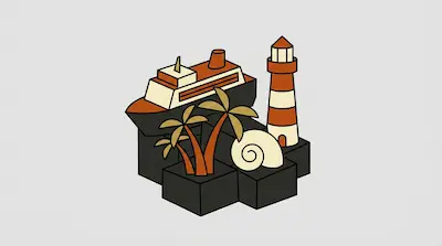 A cruise ship, lighthouse, palm trees, and a seashell are arranged on dark grey blocks.