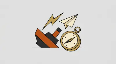 A lightning bolt, paper airplane, telescope, and compass are grouped together.