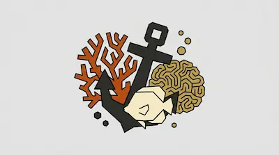 A stylized graphic of a black anchor surrounded by orange coral, a tan fish, and a brain coral.