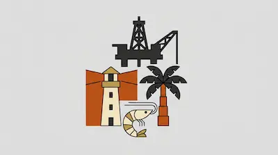 Stylized icons of an oil rig, a lighthouse, a palm tree, and a shrimp.
