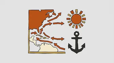 A map of the Americas with arrows showing ocean currents, a sun, and an anchor.