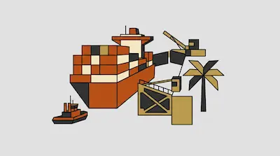 A stylized, geometric scene of a large container ship at a port with a tugboat and a palm tree.