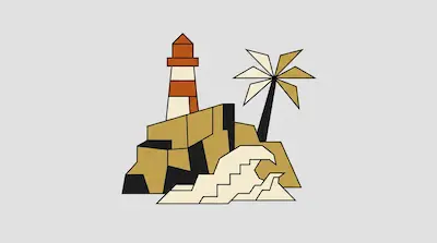 A geometric lighthouse stands on a rocky island with a palm tree and a stylized wave.