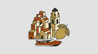A geometric illustration of a hillside town with terracotta buildings, a bell tower, a large lemon, and a wooden speedboat.