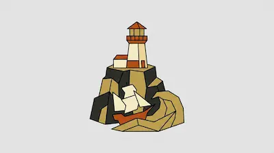A lighthouse stands atop a rocky cliff overlooking a small ship and a large wave in a minimalist, geometric style.