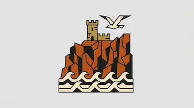 A tan castle sits atop a jagged orange cliff above stylized waves, with a white bird flying nearby.