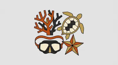 Stylized icons of coral, a sea turtle, a diving mask, and a starfish.