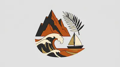 Flat illustration of a sailboat on a cresting wave with jagged mountains and a palm leaf in a circular composition