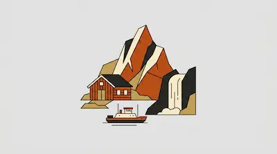 A minimalist landscape featuring a red cabin, a waterfall, and a boat at the base of a mountain.