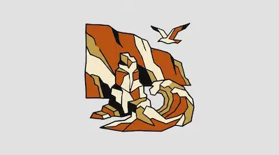 Flat illustration of a geometric orange cliff, a crashing ocean wave, and a flying seagull on a light gray background