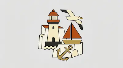 Flat illustration of a lighthouse, a sailboat, and a seagull in a minimalist nautical style on a light gray background