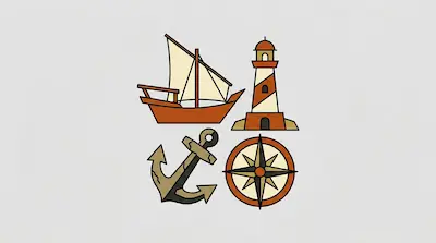 Flat illustration of a sailboat, a striped lighthouse, an anchor, and a compass rose in warm earth tones