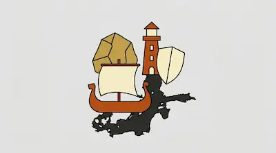 Baltic Sea region with container ship, oil platform, palm tree, architectural structures, and water route.