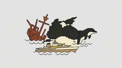 Black Sea with oil and gas platform, wrecked orange vessel, modern container ship, and coastal region map.