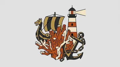 Famous seas composite with Viking ship, striped lighthouse beacon, coral reef, and anchor symbols.