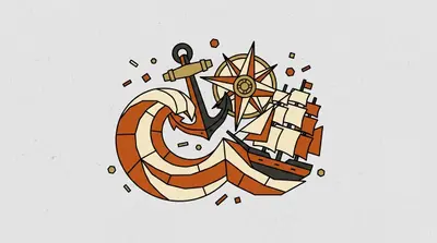 A curling wave, an anchor, a compass rose with pointed rays, and a multi-masted sailing ship grouped together.