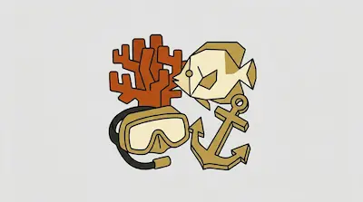 Flat illustration of a diving mask, a tropical fish, coral, and an anchor in a graphic style on a light background