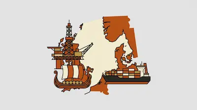 North Sea with Viking ship and dragon prow, modern container vessel, helicopter, and regional map.