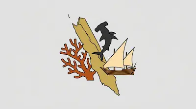 Red Sea illustrated with coral reef, black shark, sailing ship with canvas sails, and tan coastline.