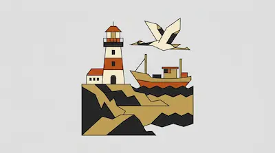 Flat illustration of a lighthouse on a rocky shore with a fishing boat and a large bird flying above on a grey background