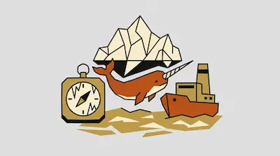Flat illustration of an orange narwhal, a compass, and a ship near a geometric iceberg on a light grey background