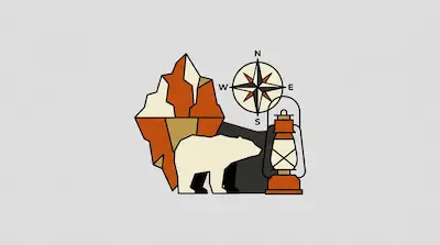 Flat illustration of an orange iceberg, a white polar bear, a compass, and a lantern on a light gray background