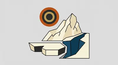 Flat illustration of a jagged mountain peak and a deep blue crevasse under a circular orange sun on a gray background