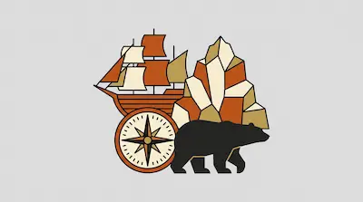 Flat illustration of a sailing ship, a compass, a black bear, and geometric mountains on a grey background