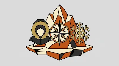 Flat illustration of a compass, a snowflake, and a person in a parka against a mountain backdrop on a gray background
