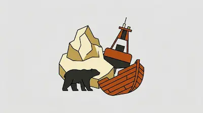 Flat illustration of a black bear standing by a tan iceberg, a wooden boat, and a buoy on a light gray background