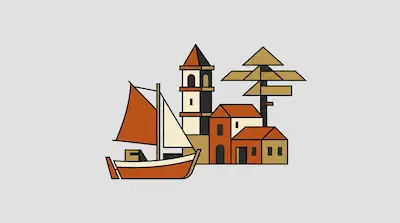 A geometric depiction of a sailboat, a tall tower, and small houses in earth tones.