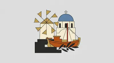 A windmill, a blue-domed church, a wooden boat, and an olive branch are arranged in a flat, geometric style.