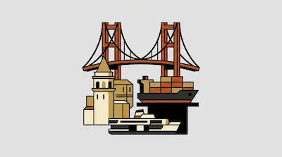 A stylized graphic of a suspension bridge, a stone tower, a cargo ship, and a ferry.