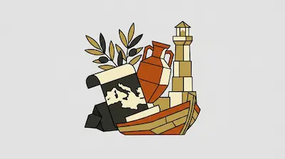 An olive branch, a terracotta amphora, a lighthouse, a boat, and a map of the Mediterranean Sea are grouped together.