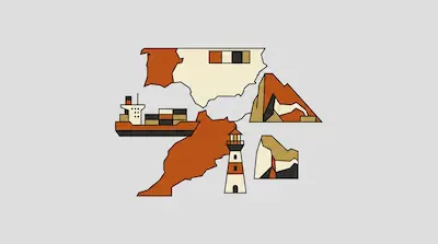 A minimalist graphic featuring map outlines, a cargo ship, a lighthouse, and rocky cliffs in shades of orange, cream, and black.